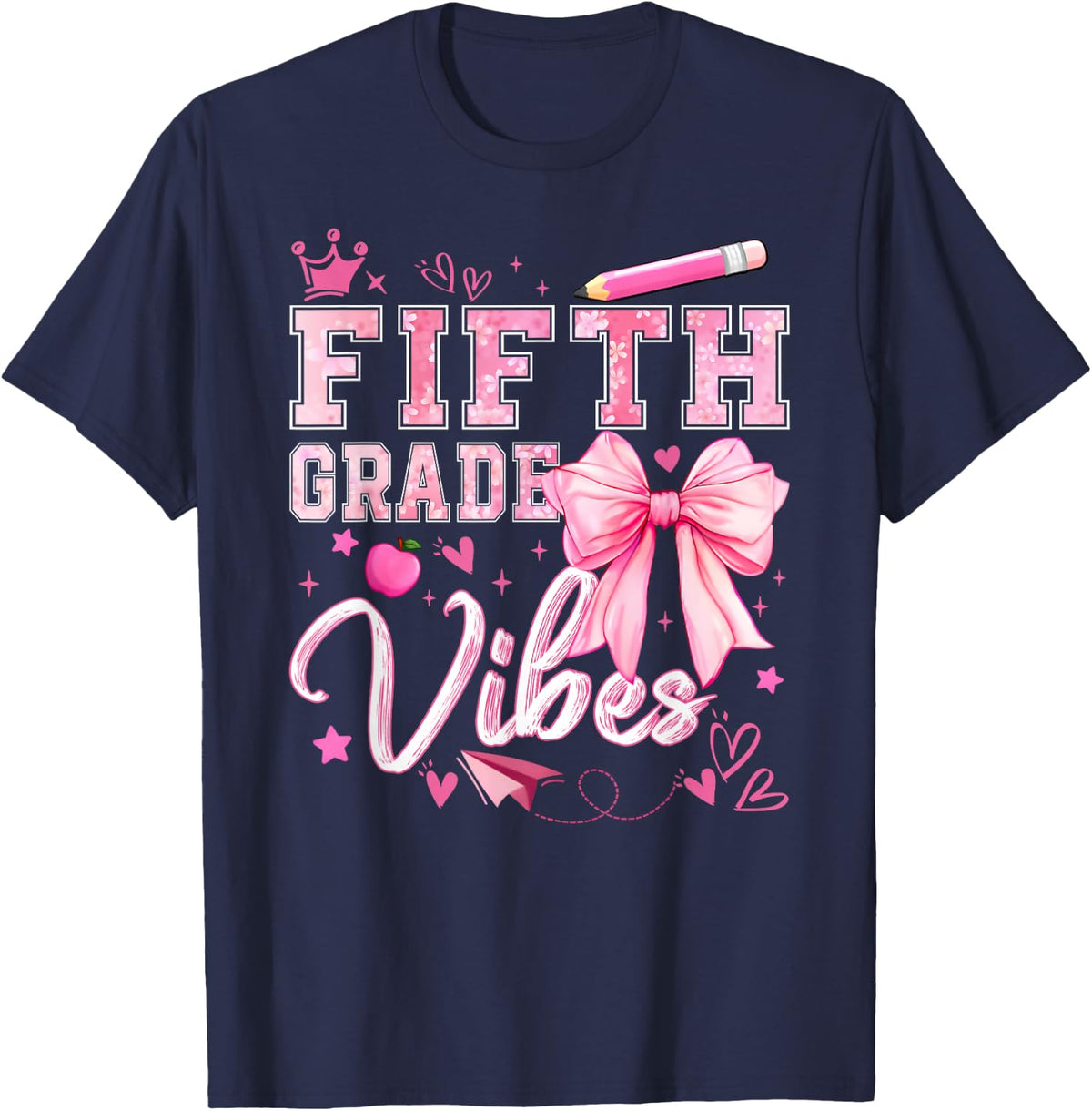 Fifth Grade Vibes Coquette Bow Back to School Fifth Grade T-Shirt - Navy Blue
