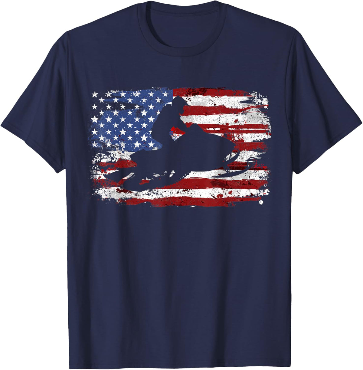 Snowmobile Vintage American Flag T-Shirt - Navy Blue