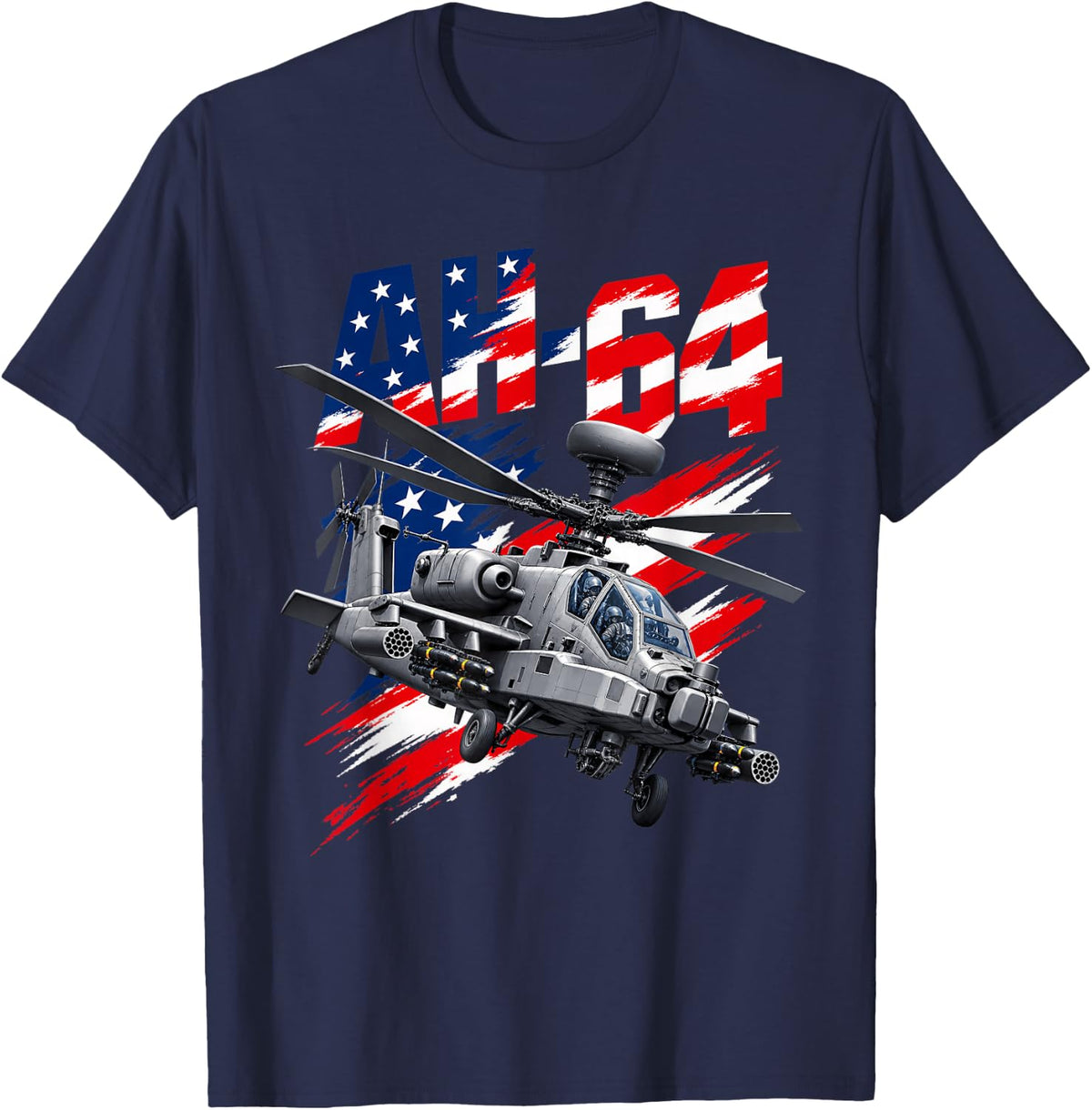Apache AH 64 Helicopter with American Flag USA Patriotic T-Shirt - Navy Blue