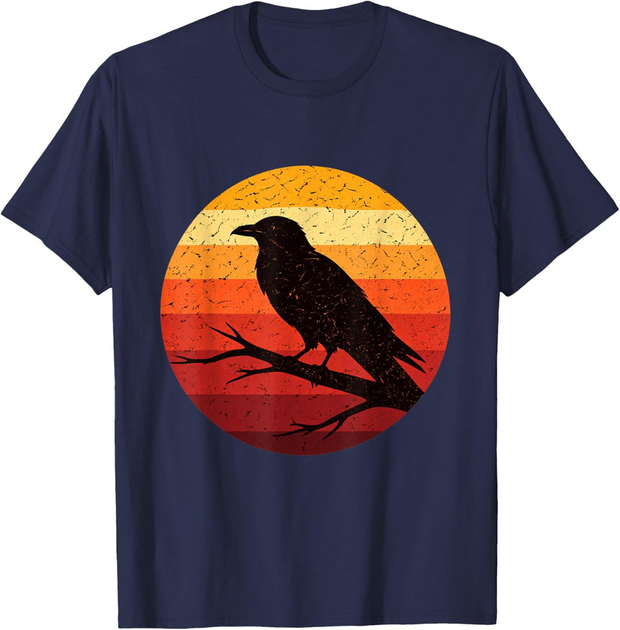 Vintage Raven Silhouette Sunset Dark Nature Wildlife T-Shirt - Navy Blue