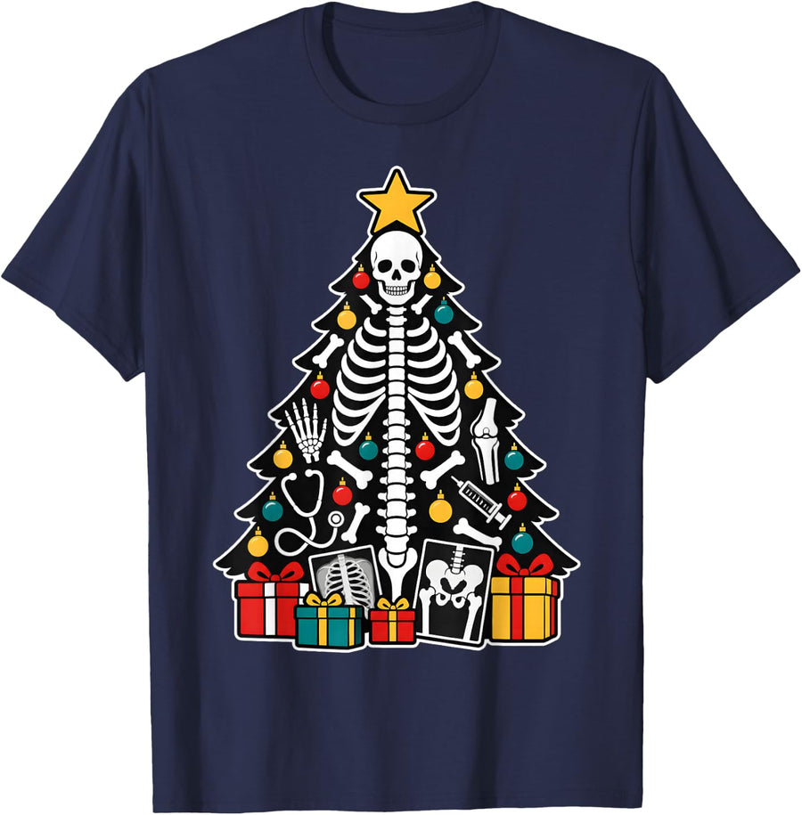Radiology Christmas Tree Skeleton X-Ray Tech T-Shirt - Navy Blue