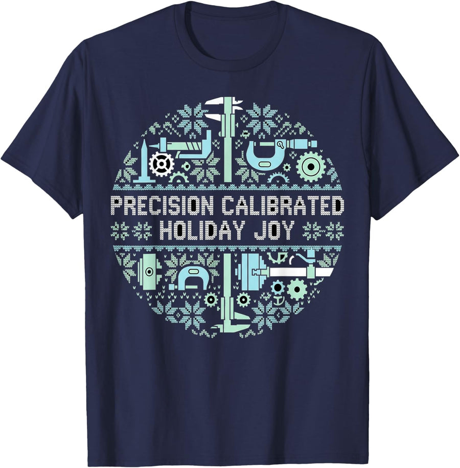 Machinist Calipers Gears Ugly Christmas Holiday Humor T-Shirt - Navy Blue