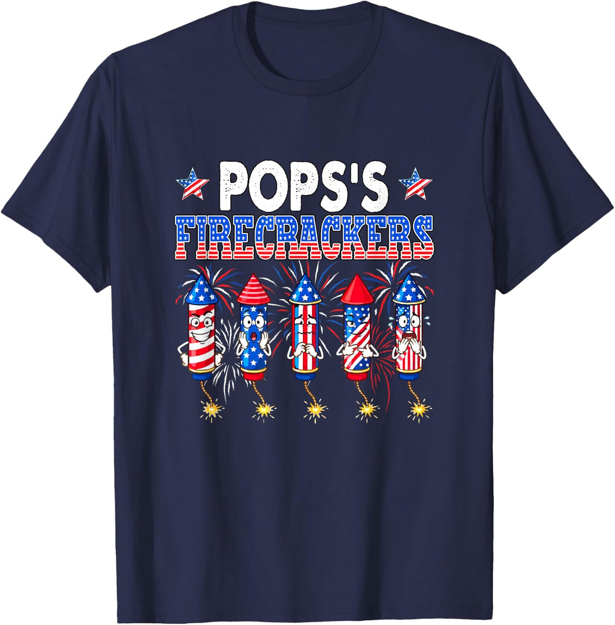 Pops's Firecrackers 4th of July US Flag Fireworks Cartoon T-Shirt - Navy Blue