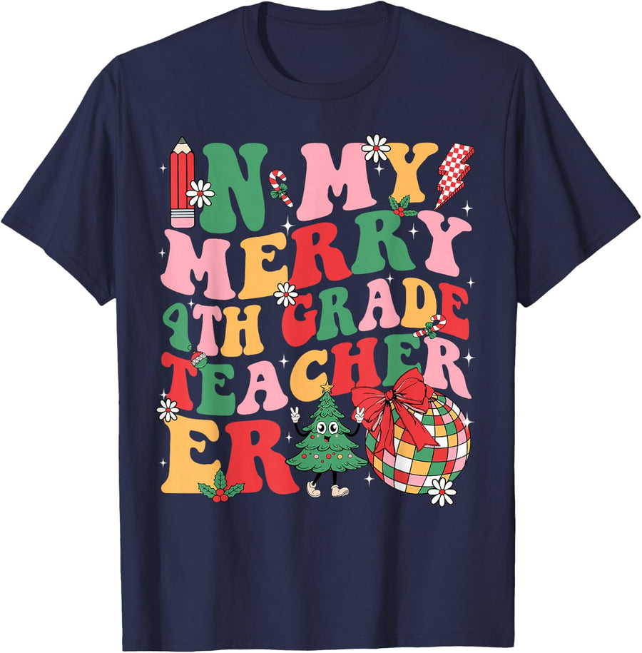 In My Merry 4th Grade Era Retro Teacher Student Christmas T-Shirt - Navy Blue