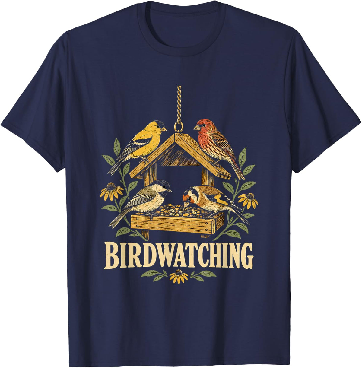 Birdwatching Finches at Bird Feeder Retro Illustration T-Shirt - Navy Blue