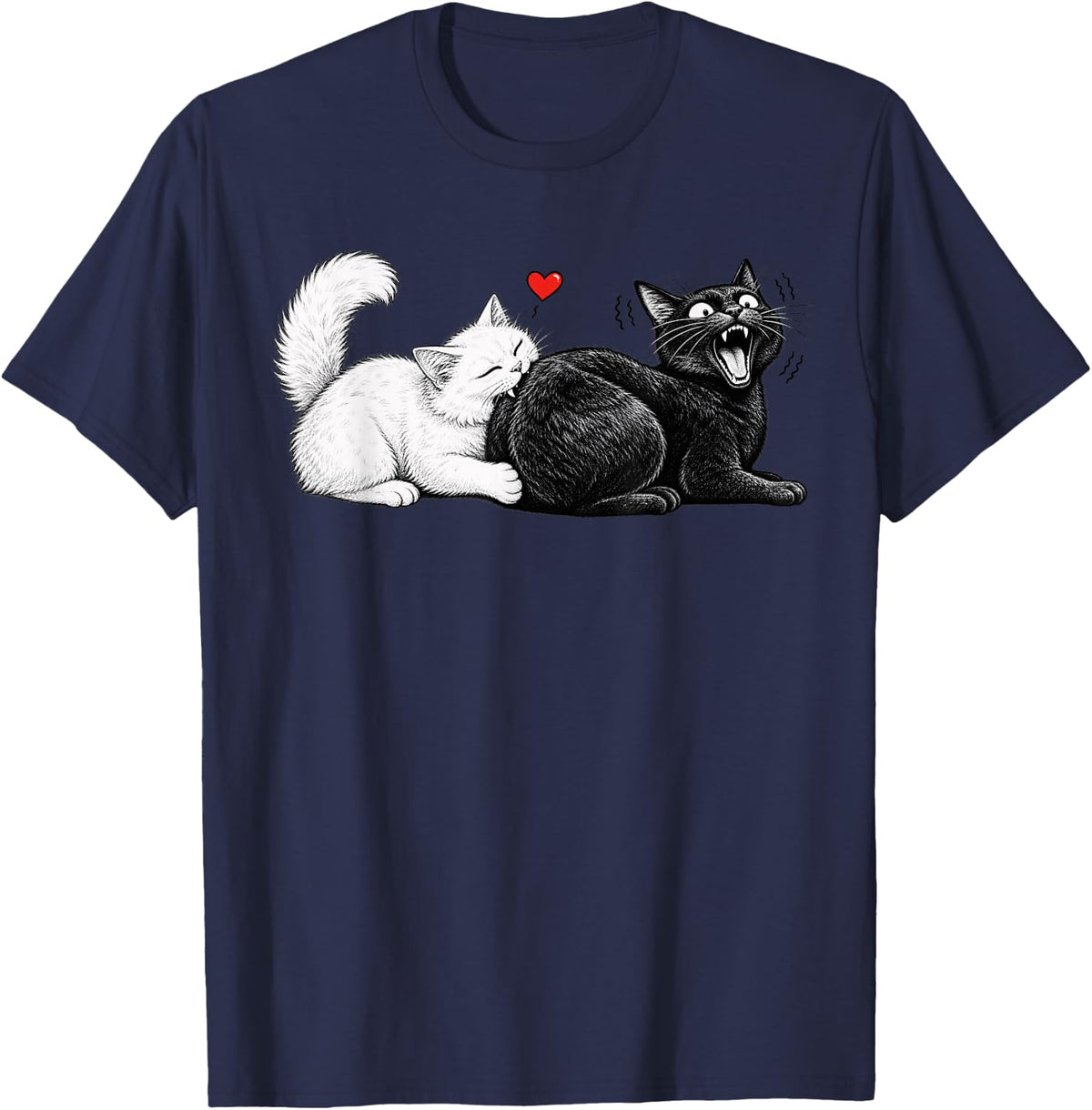 Funny Cat Couple Black White Cats Love Cat Biting Cat Butt T-Shirt - Navy Blue