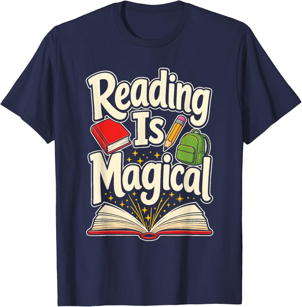 Reading is Magical Elementary School Literacy Teacher Gift T-Shirt - Navy Blue