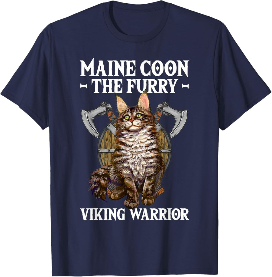 Maine Coon The Furry Viking Warrior Cat T-Shirt - Navy Blue
