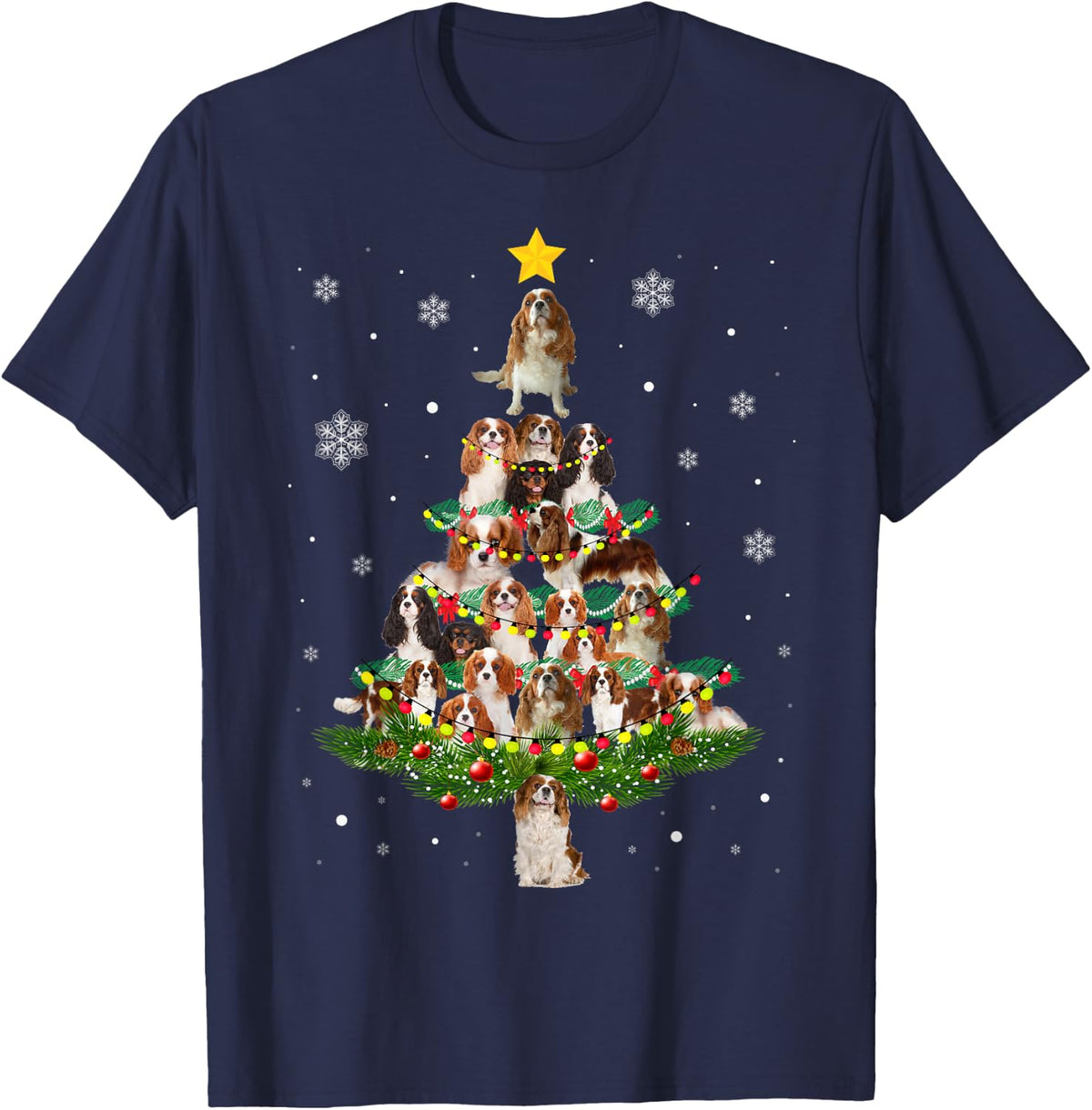 Cavalier King Charles Spaniel Christmas Tree Tees T-Shirt Xmas Dog Light Gift - Navy Blue