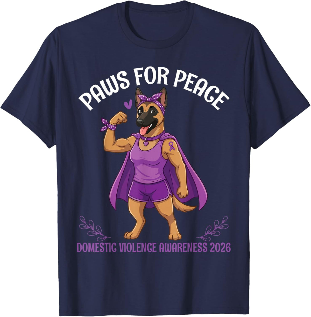 Belgian Malinois Paws Peace Domestic Violence Awareness 2026 T-Shirt - Navy Blue