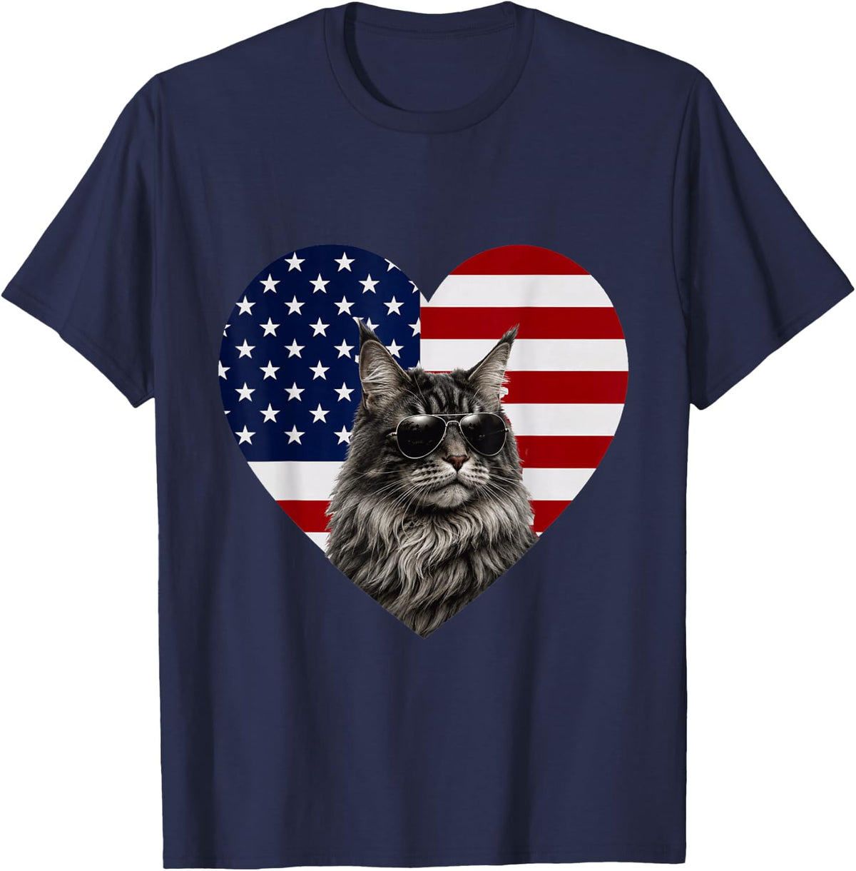 Maine Coon Cat USA Flag Heart Patriotic Maine Coon T-Shirt - Navy Blue