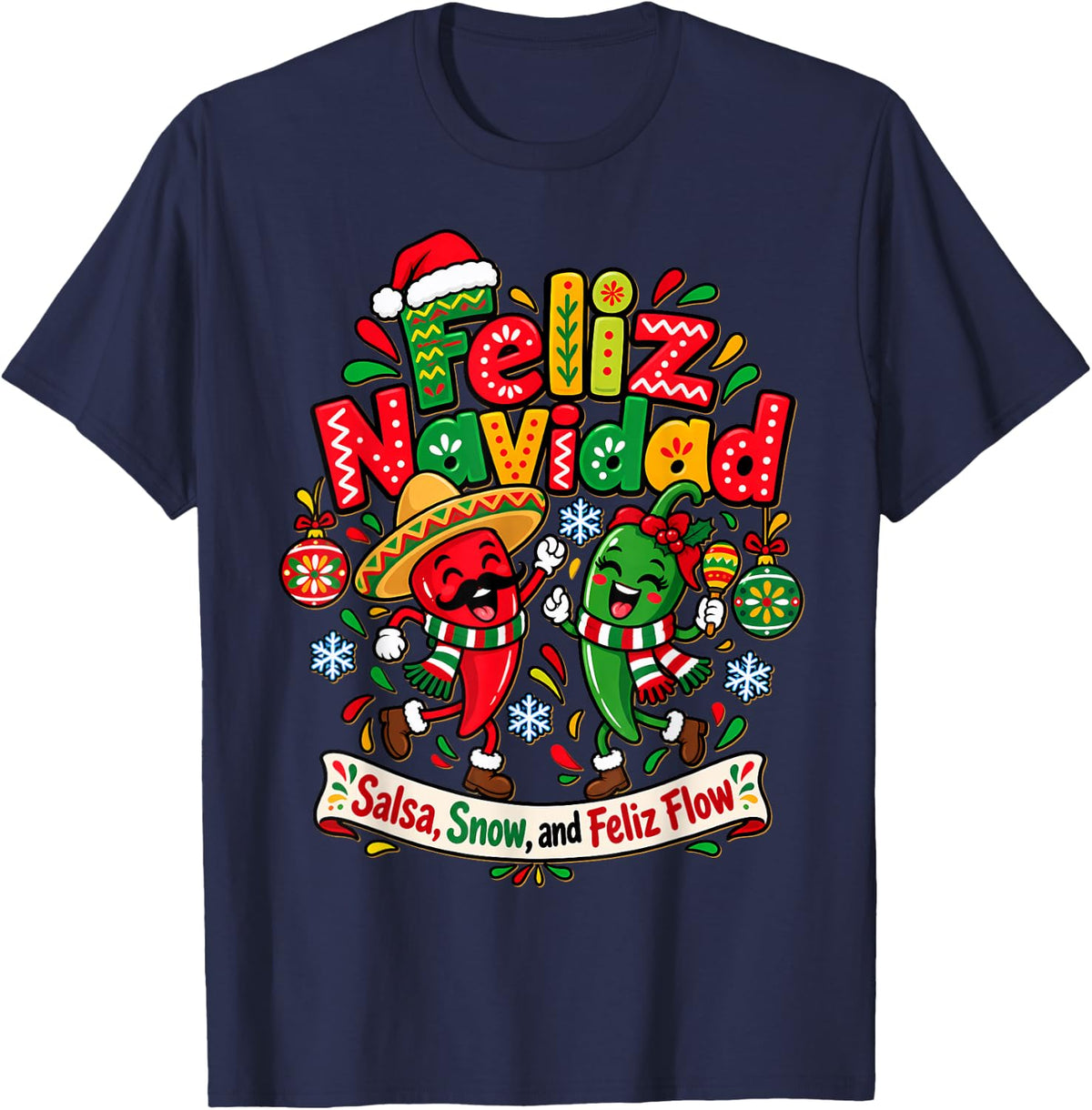 Feliz Navidad Spanish Christmas Mexican Food Funny Peppers T-Shirt - Navy Blue