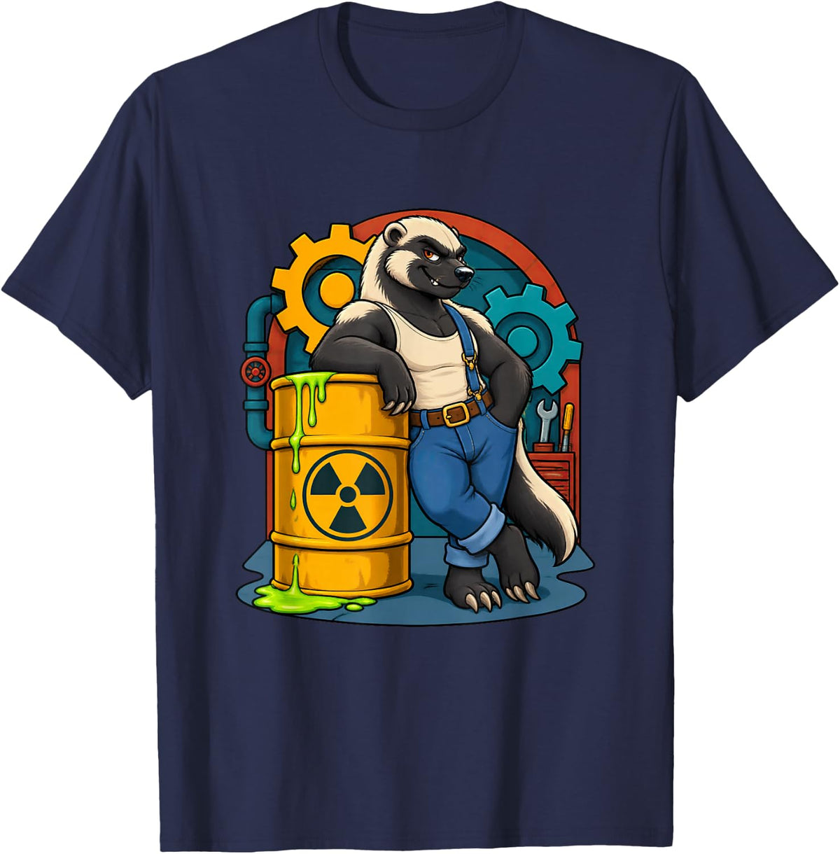 Honey Badger Leans Against Radioactive Comic Barrel T-Shirt - Navy Blue