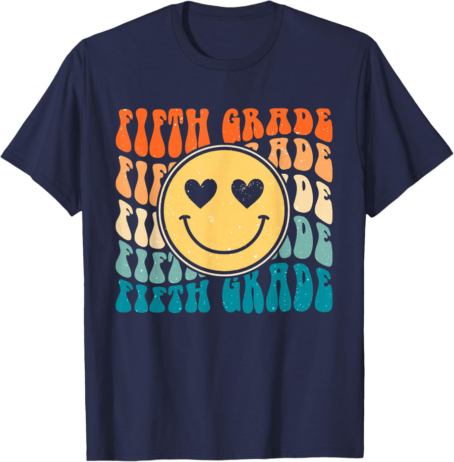 5th Grade Teacher Shirt Boho Vintage Retro Groovy Smile Fifth Grade Tee T-Shirt - Navy Blue