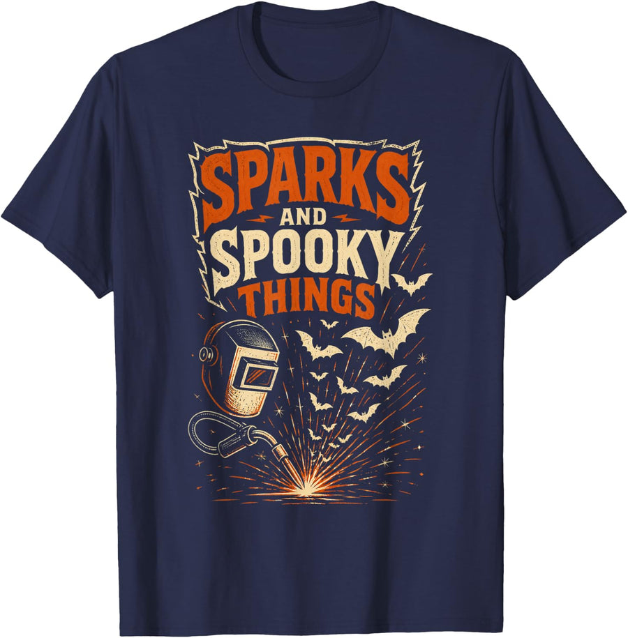 Sparks and Spooky Things Welder Halloween Welding T-Shirt - Navy Blue