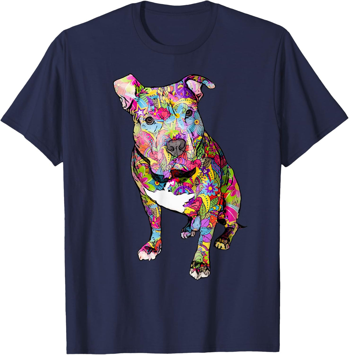 Pitbull Colorful Hippie Peace Sign Cute Pit Bull Lover Dog T-Shirt - Navy Blue