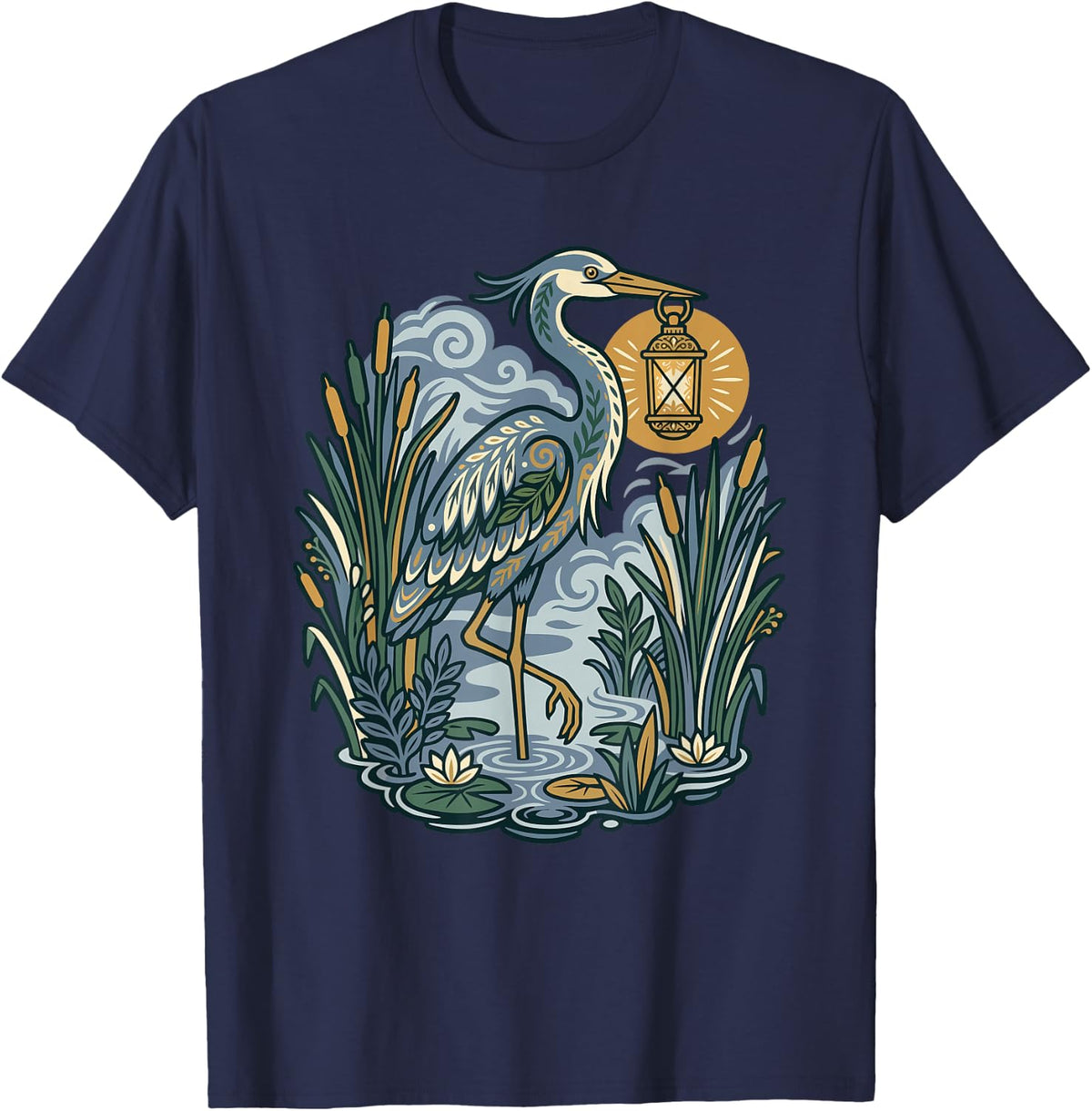 Birdwatching Nature Lover Heron Wildlife Outdoors Japanes T-Shirt - Navy Blue