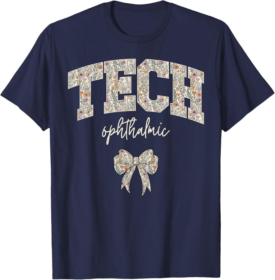 Floral Ophthalmic Technician Coquette Bow Ophthalmologists T-Shirt - Navy Blue