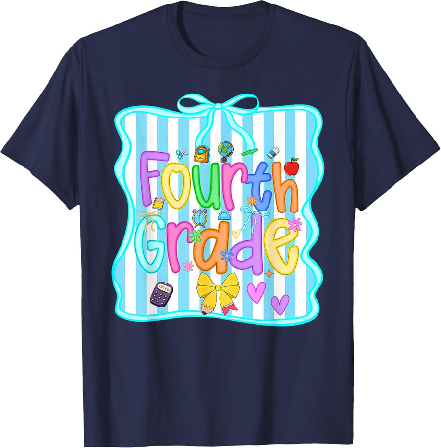 Fourth Grade Back To School Girls Bow 4th Grade Teacher Kids T-Shirt - Navy Blue