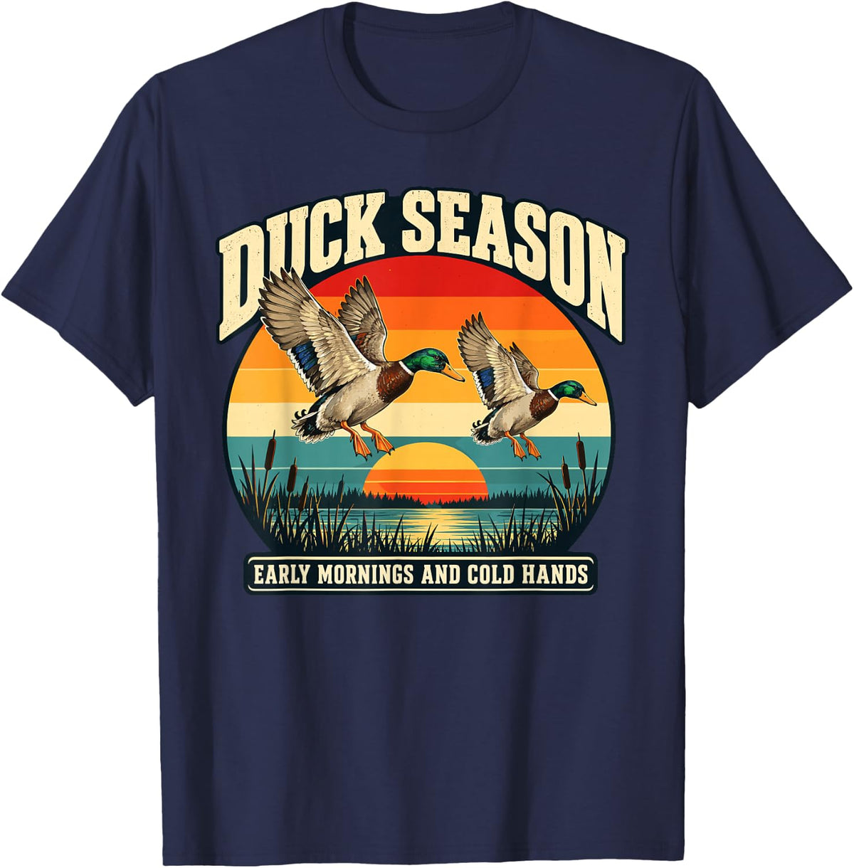 Vintage Duck Season Hunting Mallard Waterfowl Art T-Shirt - Navy Blue