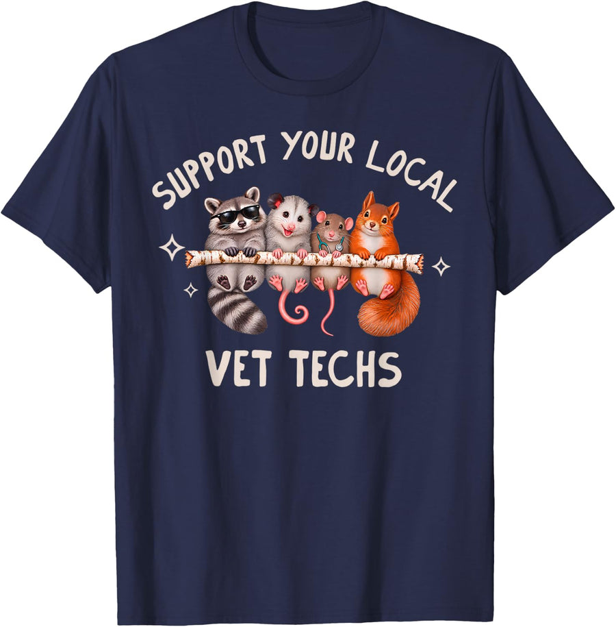 Woodland Animal Support Your Local Vet Techs Appreciation T-Shirt - Navy Blue