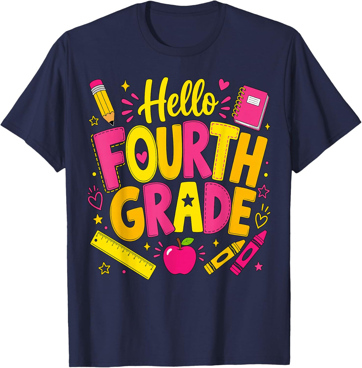 Hello Fourth Grade Colorful Back to School T-Shirt - Navy Blue