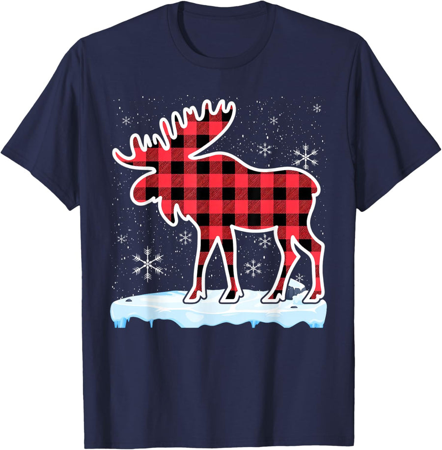 Moose Red Buffalo Plaid Matching Pajama Family T-Shirt - Navy Blue