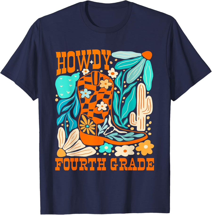 Howdy Fourth Grade Western 4th Grade Teacher Cowboy Cowgirl T-Shirt - Navy Blue