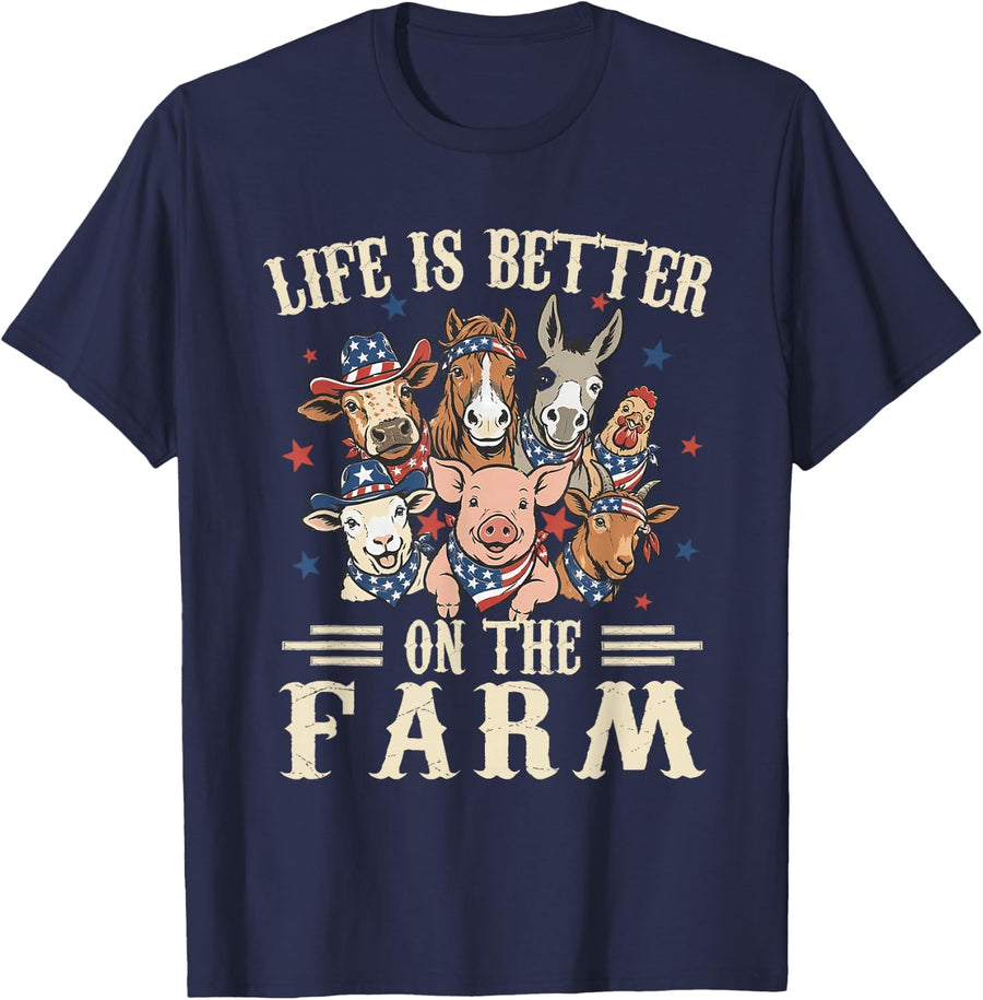 Life is Better on The Farm 4th of July Patriotic Animals T-Shirt - Navy Blue