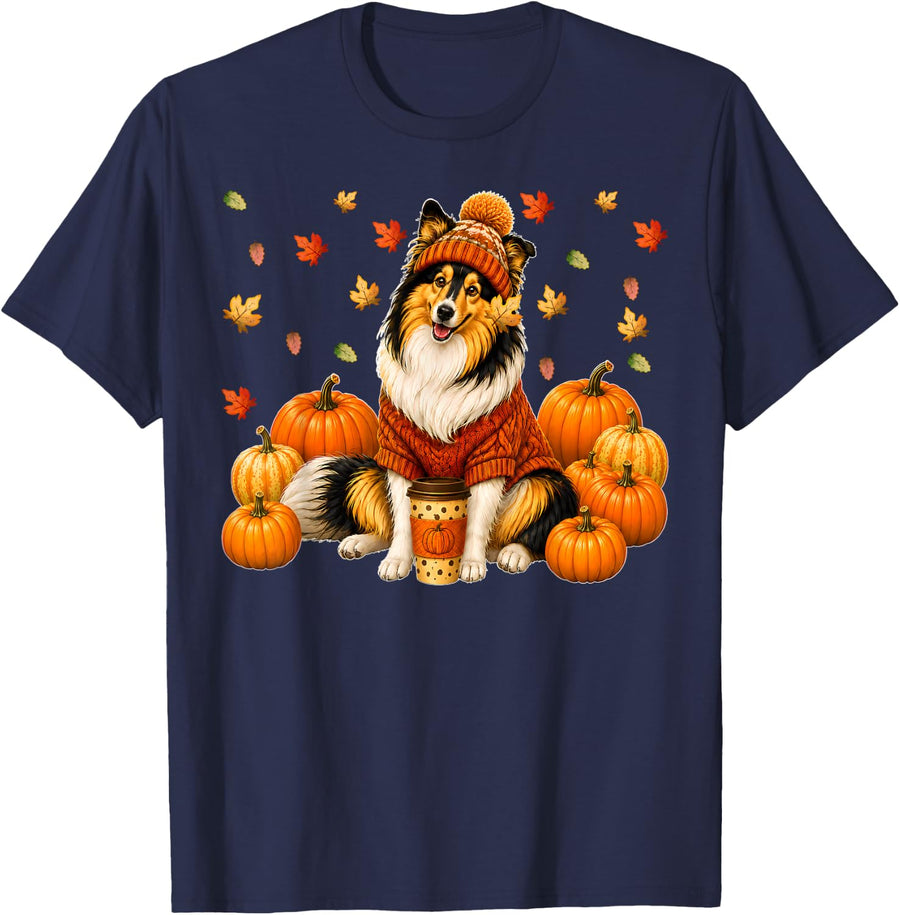 Thanksgiving Shetland Sheepdog Sheltie Dog Autumn Leaves T-Shirt - Navy Blue