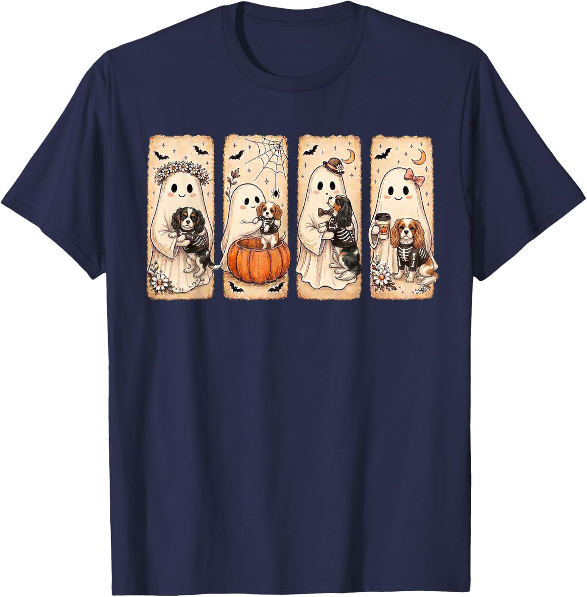 Spooky Ghost Cavalier King Charles Spaniel Pumpkin Halloween T-Shirt - Navy Blue
