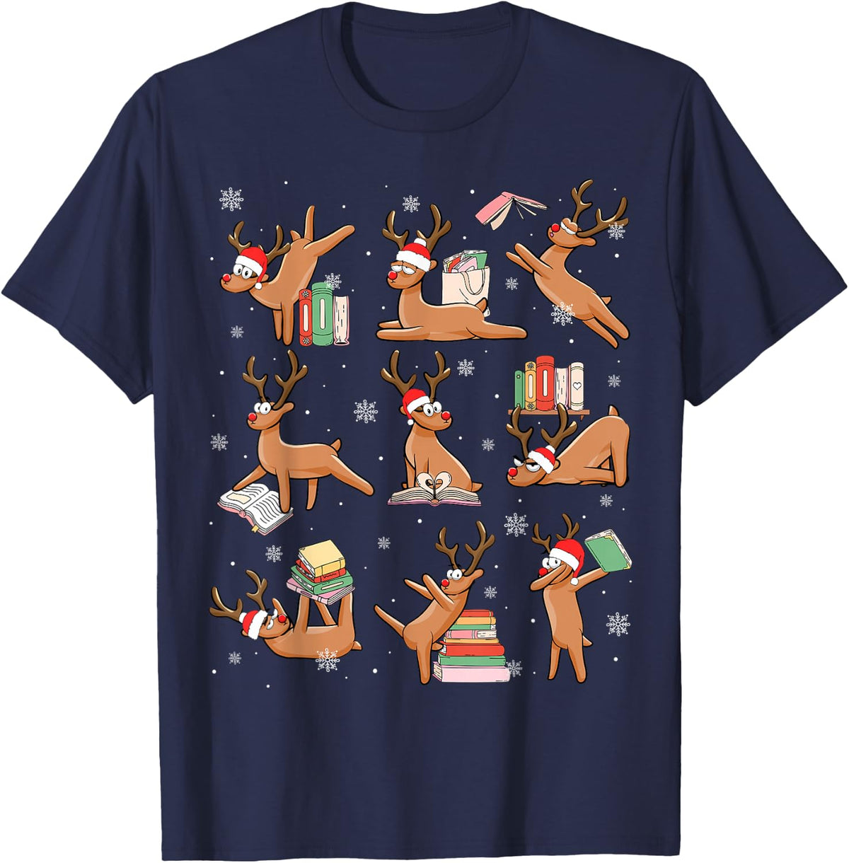 Reindeer Reading Book Christmas Teacher Librarian Bookworm T-Shirt - Navy Blue