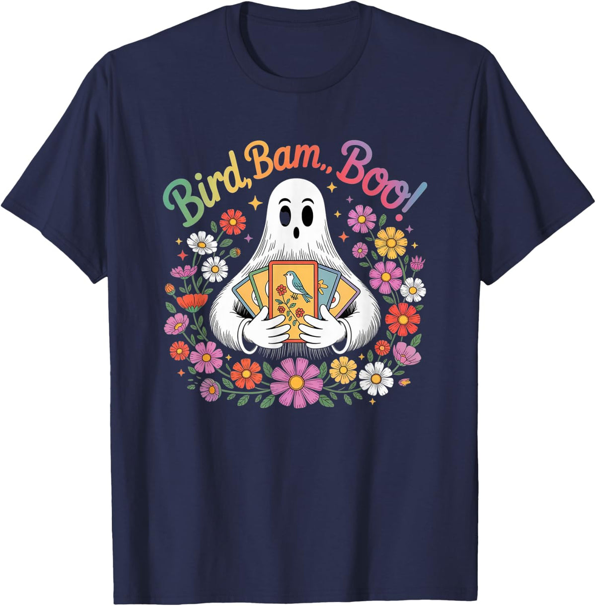 Bird Bam Boo Ghost Funny Mahjong Halloween Floral Spooky T-Shirt - Navy Blue