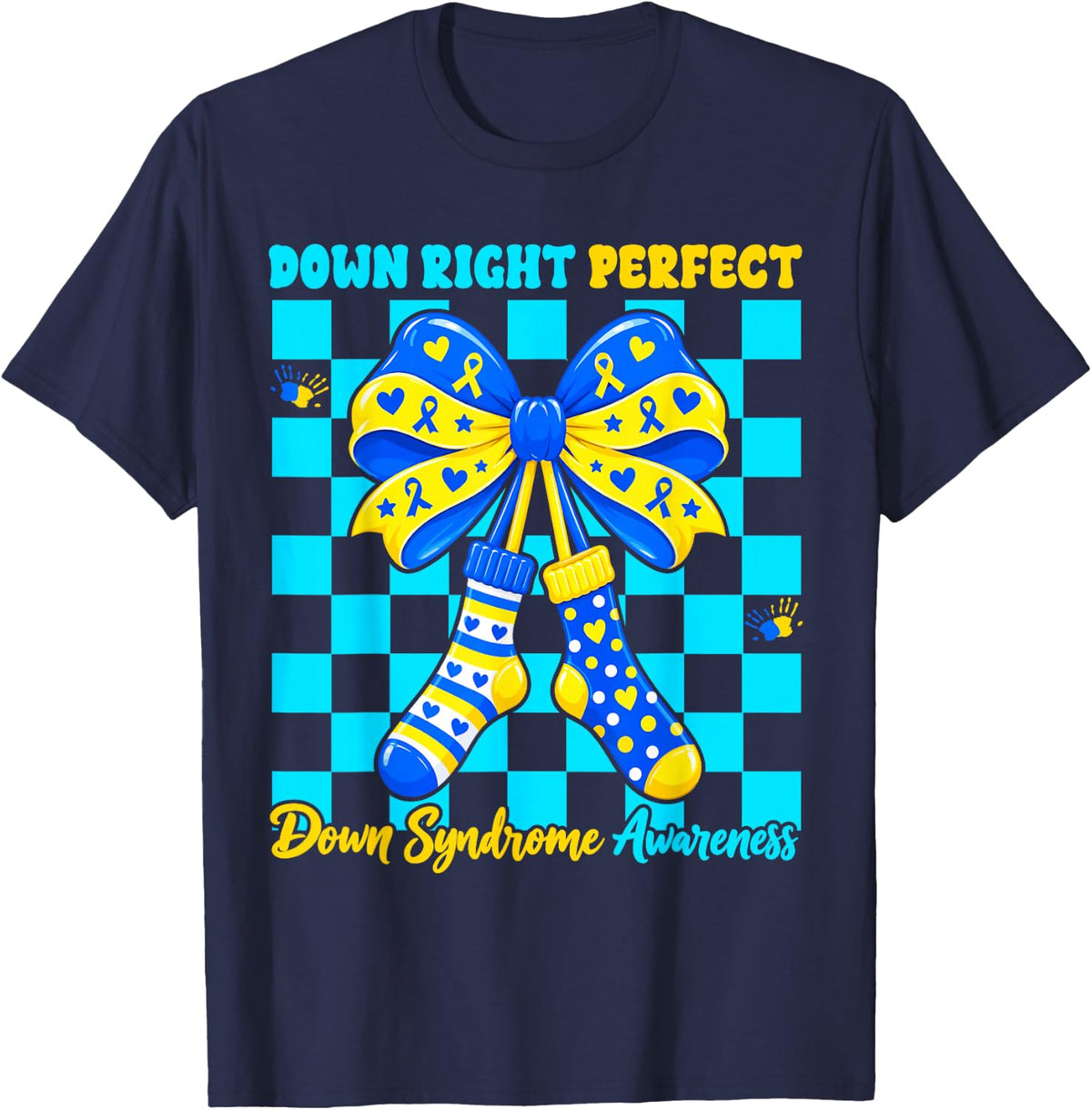 Down Right Perfect Down Syndrome Awareness Ribbon Socks Bow T-Shirt - Navy Blue
