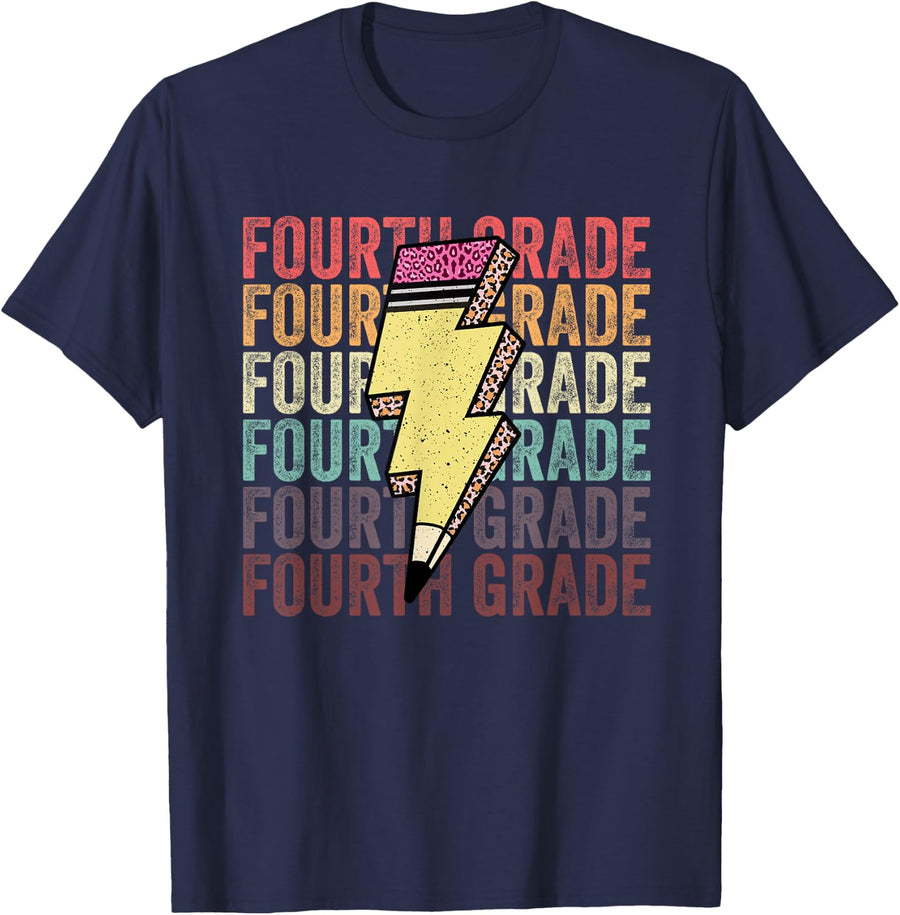 Fourth Grade Lightning Bolt Pencil 1st Day of 4th Grade T-Shirt - Navy Blue