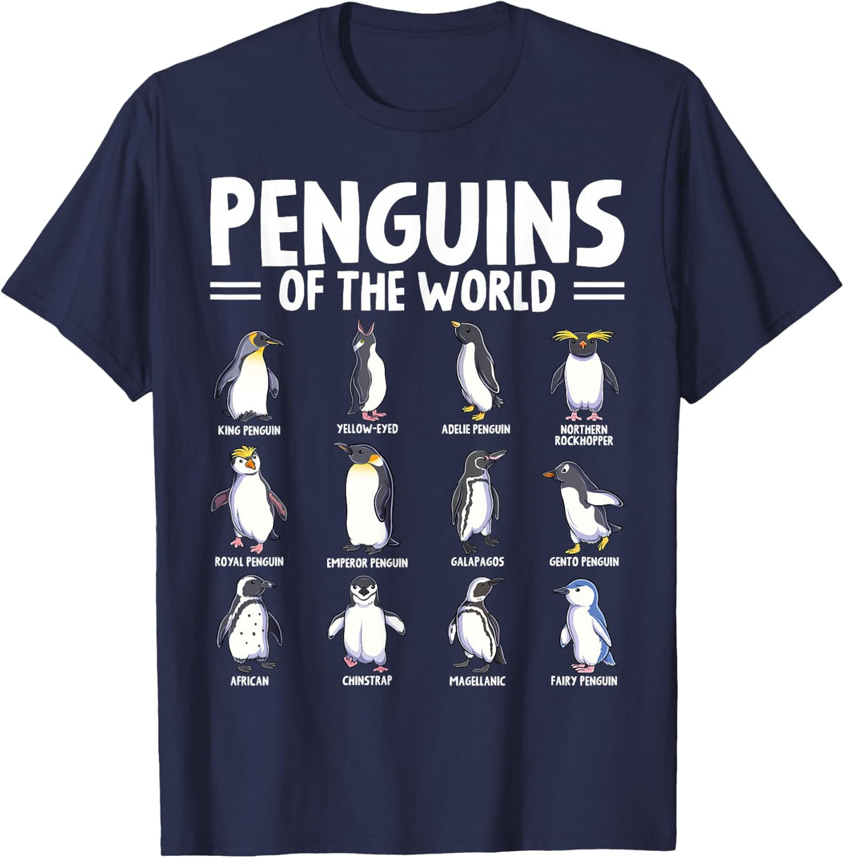 Penguins of The World Sea Animal Lover Penguin Types Tees T Shirts - Navy Blue