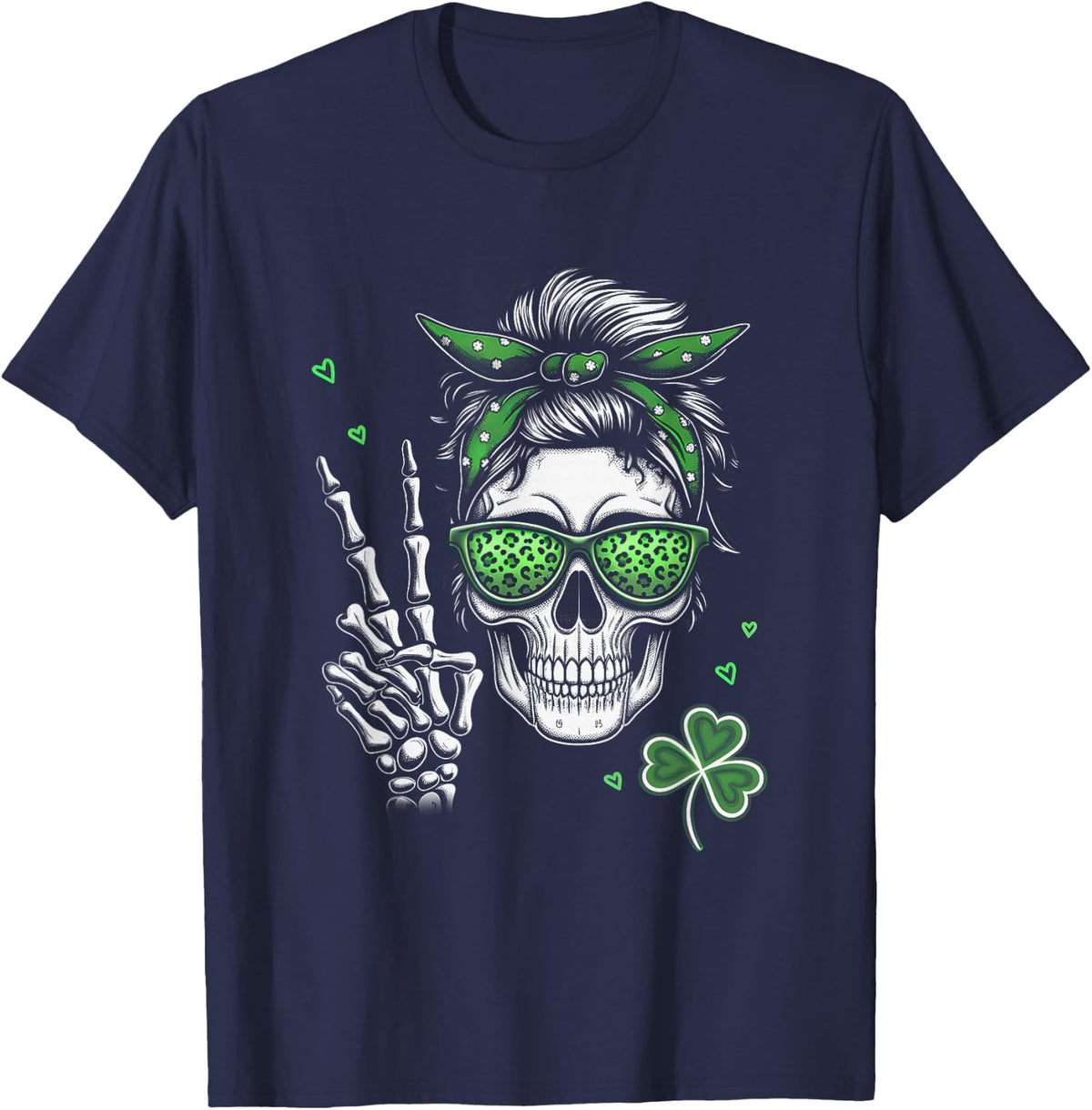 Funny St Patricks Day Skull Messy Bun Saint Pattys Paddys T-Shirt - Navy Blue