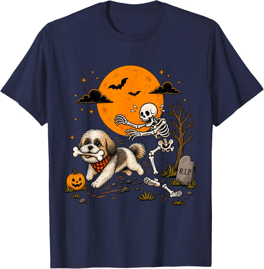 Halloween Dog Skeleton Funny Shih Tzu Men Women T-Shirt - Navy Blue