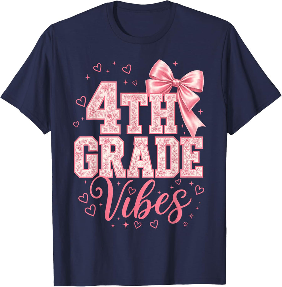 4th Grade Girls Coquette Bow Back to School Fourth Grade T-Shirt - Navy Blue