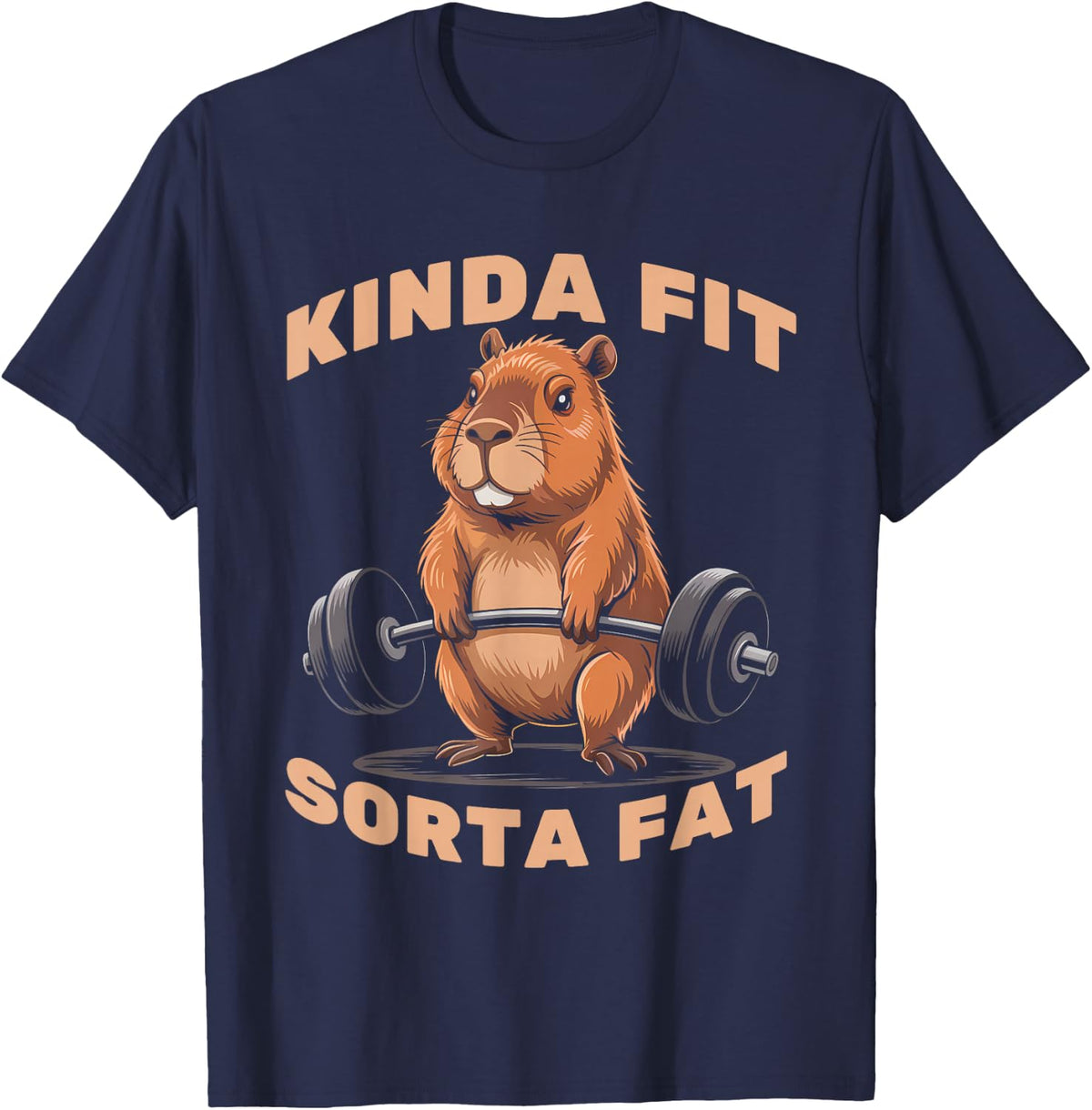 Kinda Fit Sorta Fat Funny Gym Capybara Weightlifting Workout T-Shirt - Navy Blue