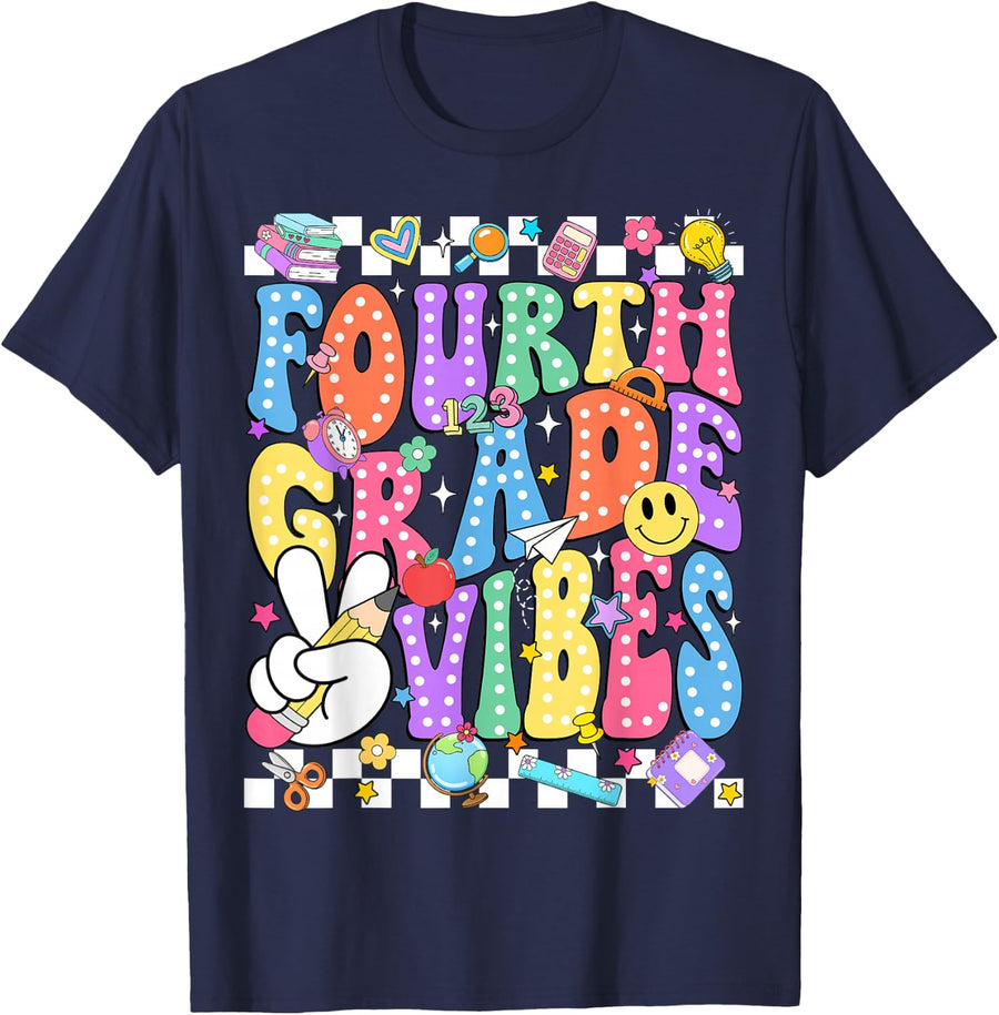 Groovy Fourth Grade Vibes Tees 4th Grade Teacher T Shirts Back to School Kids - Navy Blue