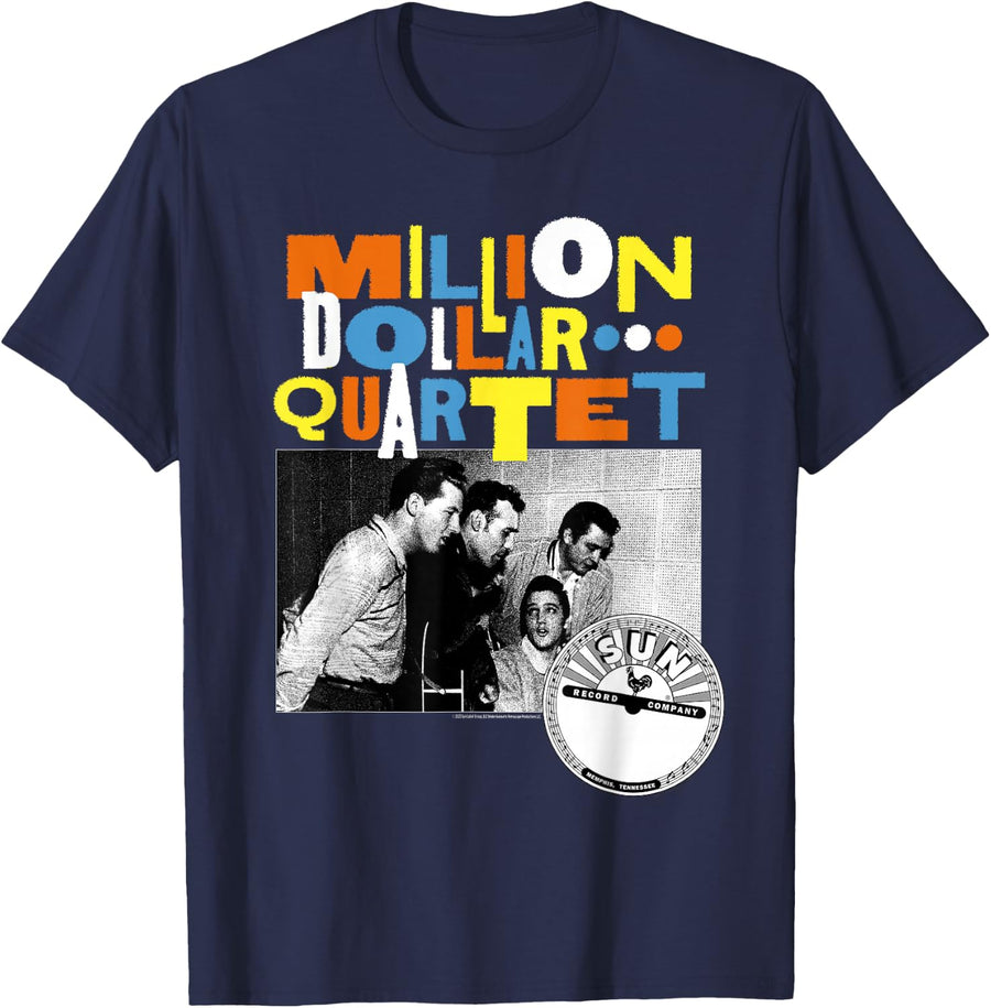 Million Dollar Quartet Multicolor Logo Black and White Photo T-Shirt - Navy Blue