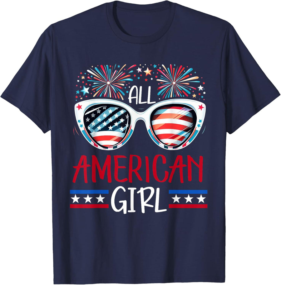4th of July USA Flag Patriotic Fourth July All American Girl T-Shirt - Navy Blue