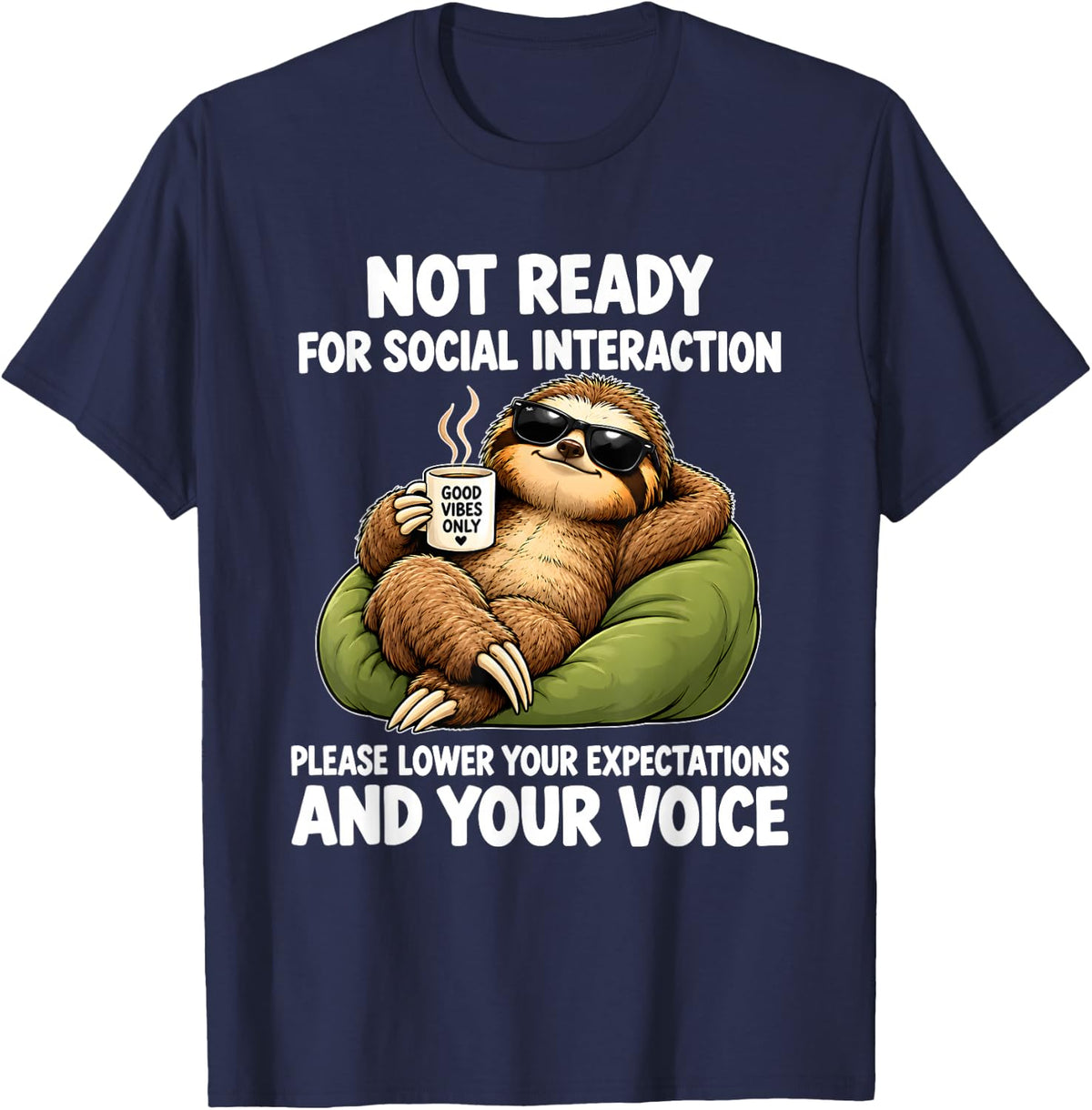 Not Ready for Social Interaction Sloth Drinking Coffee in T-Shirt - Navy Blue
