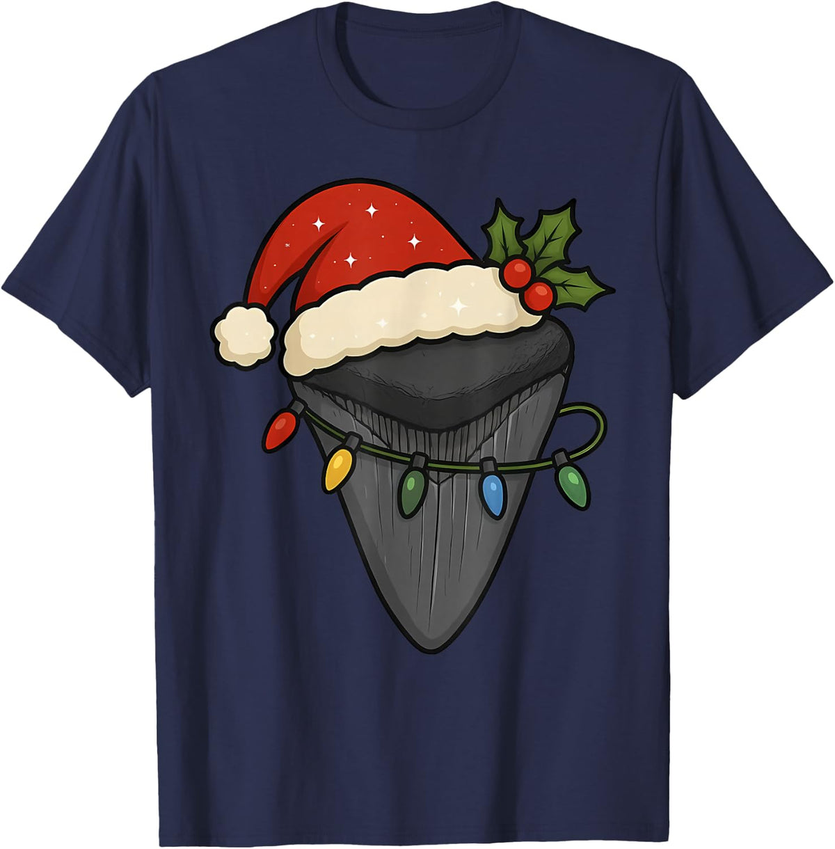 Fossil Sharks Tooth Santa Hat Christmas Lights Hunter Xmas T-Shirt - Navy Blue