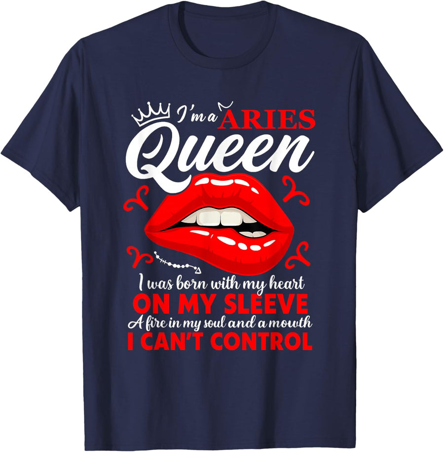 Aries Queen Zodiac Red Lip Birthday Graphic Men Women T-Shirt - Navy Blue