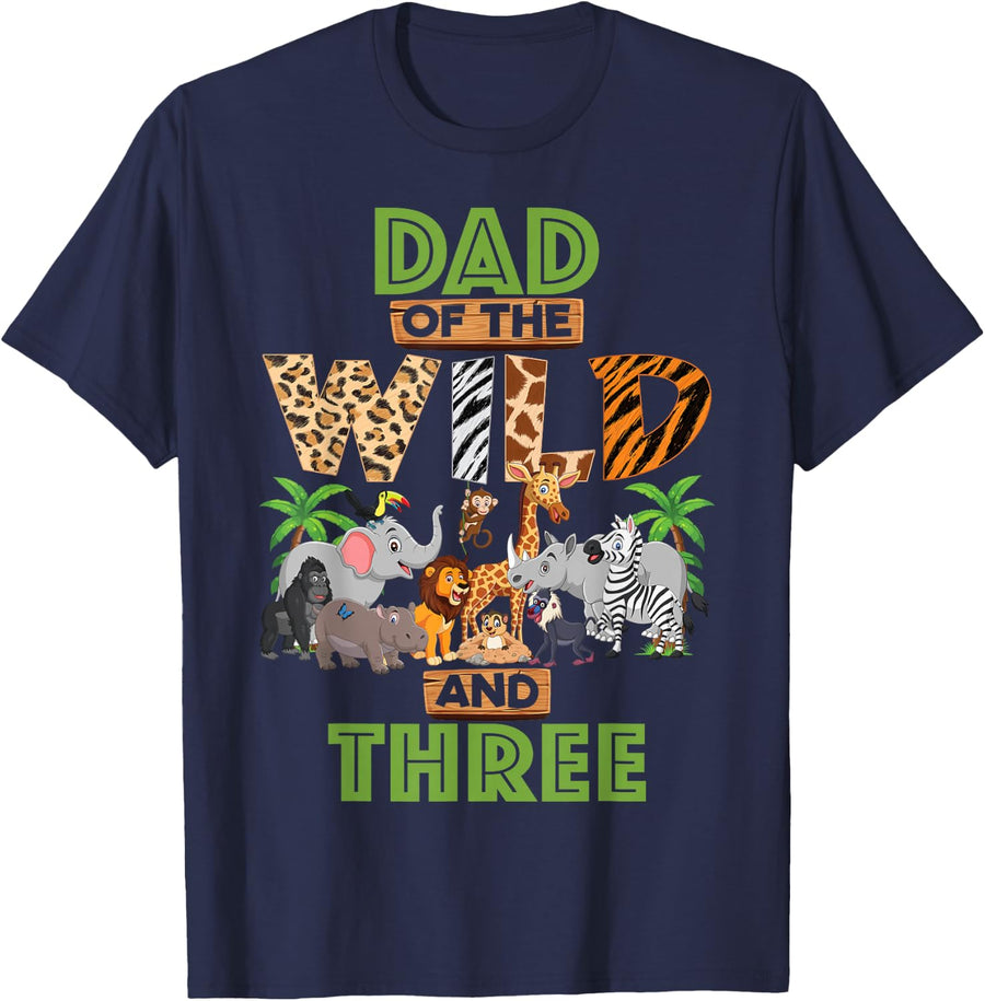 3rd Birthday Zoo Safari Jungle Dad Of The Wild and Three T-Shirt - Navy Blue