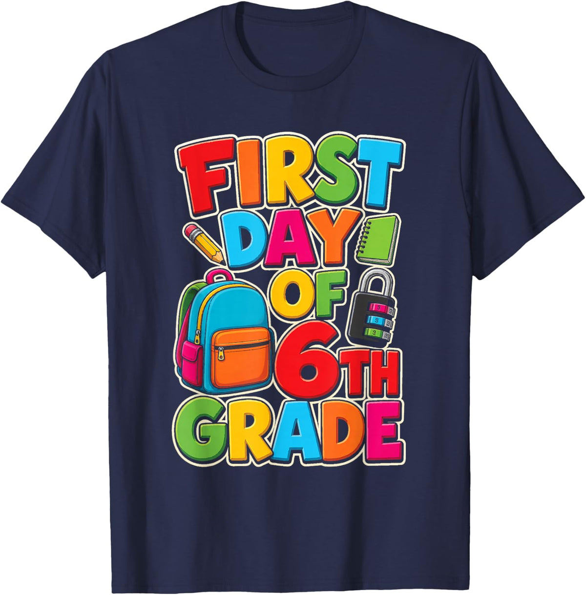 First Day of 6th Grade Back to School Kids Elementary T-Shirt - Navy Blue