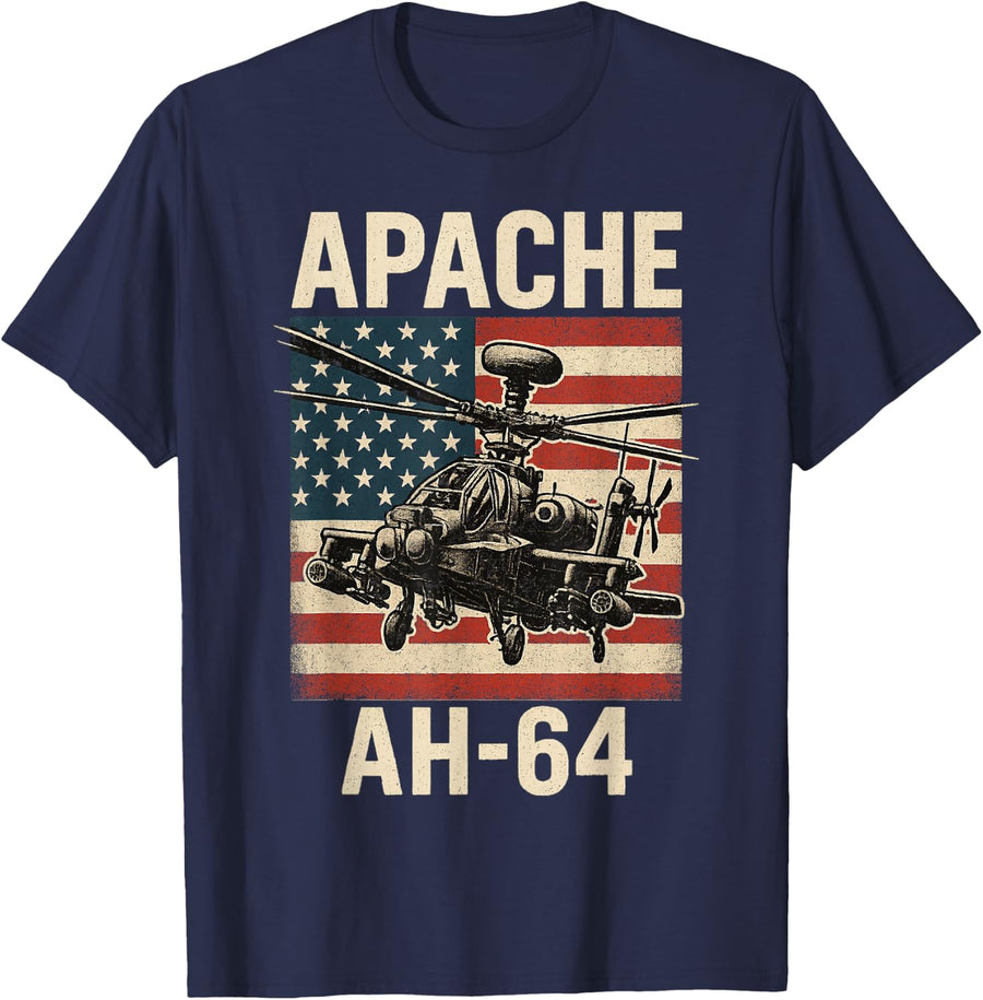 Apache AH 64 USA American Flag United States Patriotic T-Shirt - Navy Blue