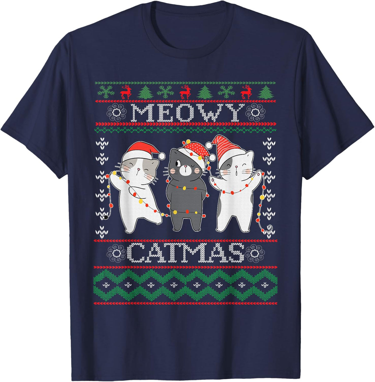 Funny Christmas Cat Matching Family Pajamas Meowy Catmas T-Shirt - Navy Blue